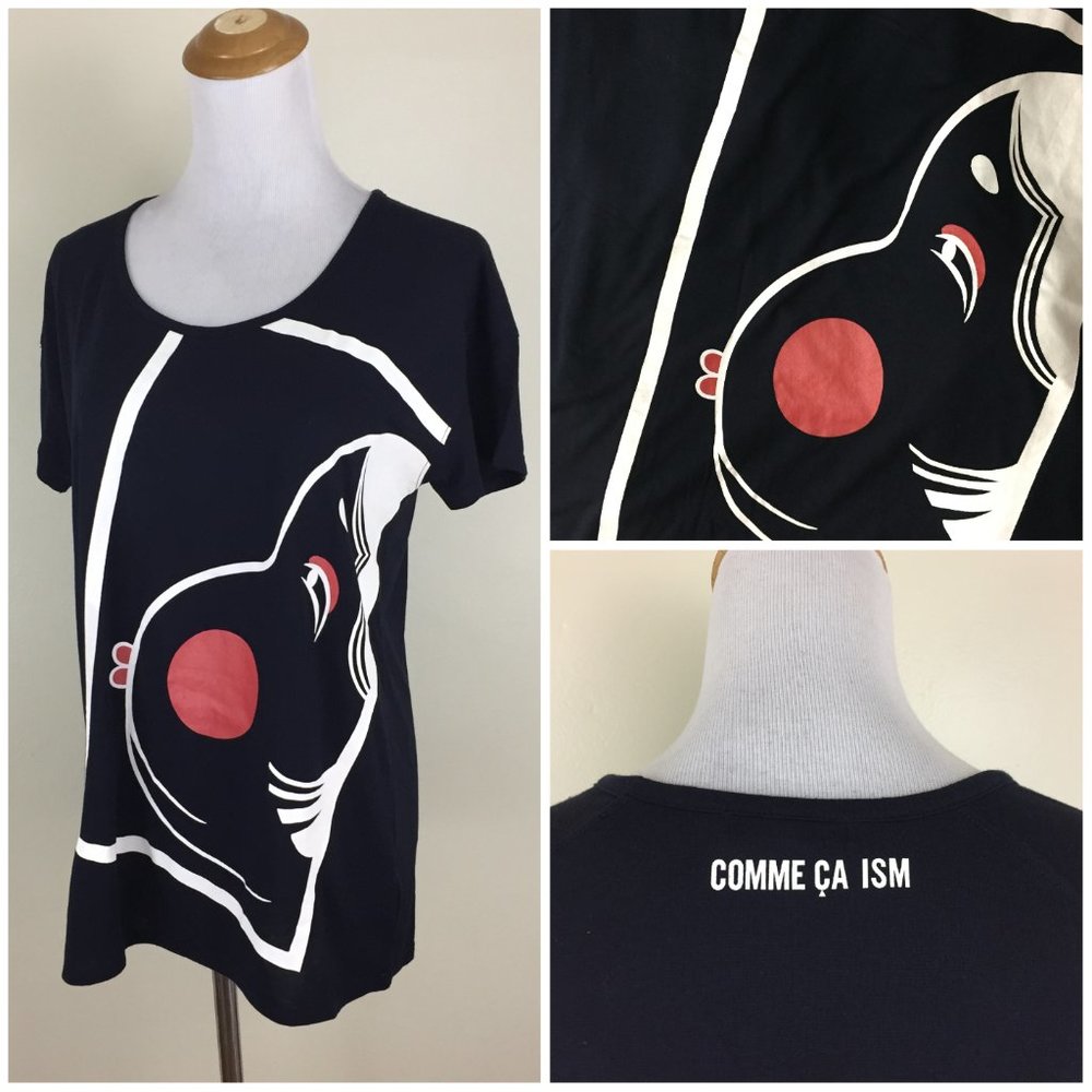 COMME CA ISM Japan Black Red White Print Short Sleeve Shirt Top